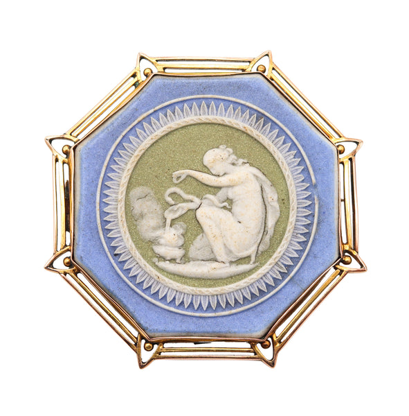WEDGWOOD 1900 Edwardian Octagonal Cameo Pendant-Brooch In 9Kt Yellow Gold