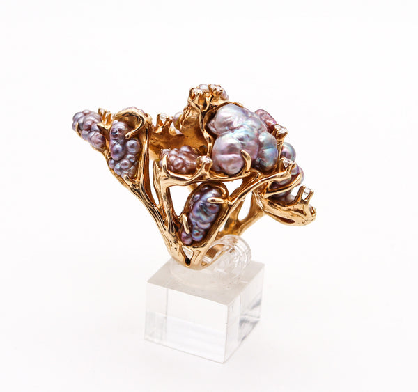 JAMES ARNOLD FREW 1960 Sculptural Cocktail Ring In 14Kt Gold With Pearls & Diamonds