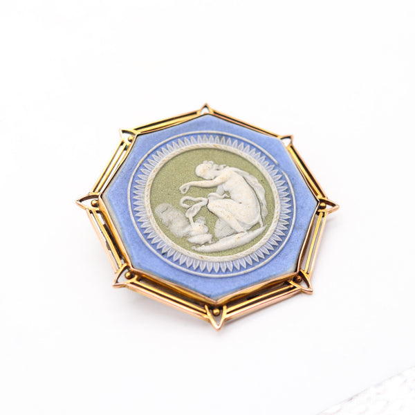 WEDGWOOD 1900 Edwardian Octagonal Cameo Pendant-Brooch In 9Kt Yellow Gold