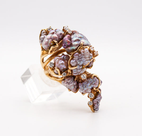 JAMES ARNOLD FREW 1960 Sculptural Cocktail Ring In 14Kt Gold With Pearls & Diamonds