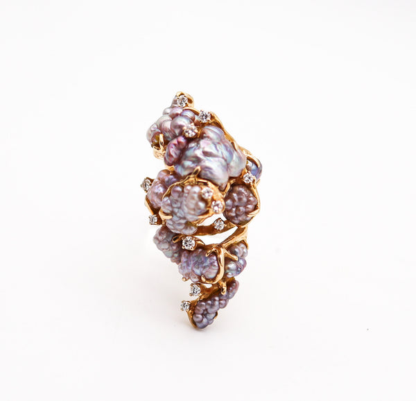 JAMES ARNOLD FREW 1960 Sculptural Cocktail Ring In 14Kt Gold With Pearls & Diamonds