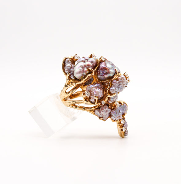 JAMES ARNOLD FREW 1960 Sculptural Cocktail Ring In 14Kt Gold With Pearls & Diamonds