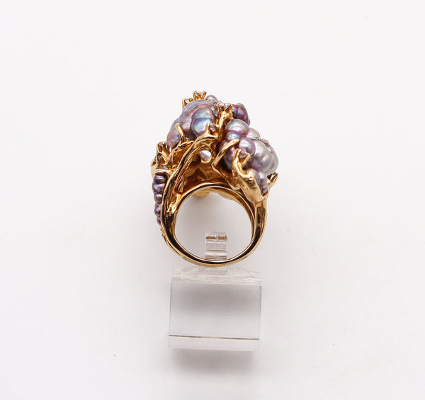 JAMES ARNOLD FREW 1960 Sculptural Cocktail Ring In 14Kt Gold With Pearls & Diamonds