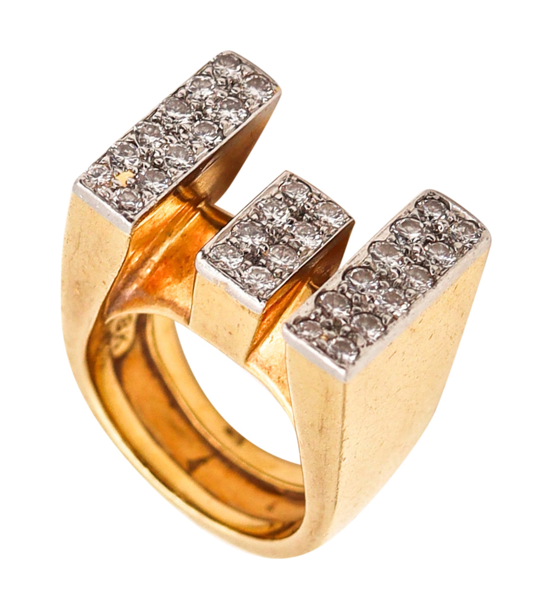 -Cartier 1970 Geometric Cocktail Ring In 18Kt Yellow Gold With 1.60 Ctw In Diamonds