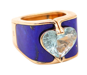 PAUL BINDER 1970 Swiss Cocktail Ring In 18Kt Yellow Gold With Lapis & Aquamarine