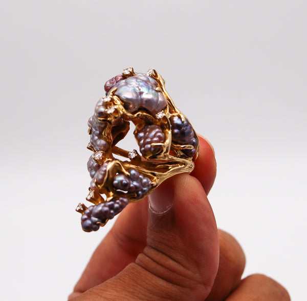 JAMES ARNOLD FREW 1960 Sculptural Cocktail Ring In 14Kt Gold With Pearls & Diamonds