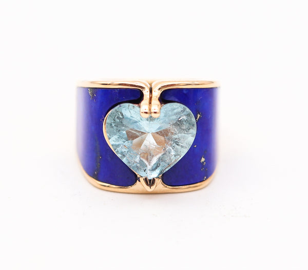 PAUL BINDER 1970 Swiss Cocktail Ring In 18Kt Yellow Gold With Lapis & Aquamarine