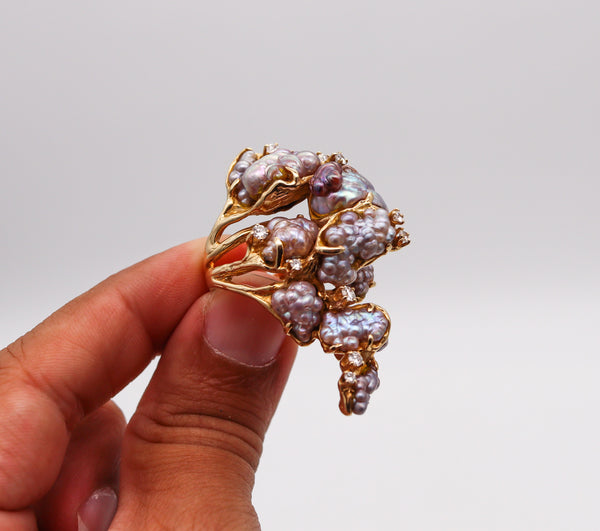 JAMES ARNOLD FREW 1960 Sculptural Cocktail Ring In 14Kt Gold With Pearls & Diamonds