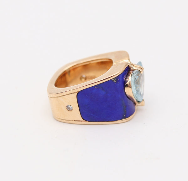 PAUL BINDER 1970 Swiss Cocktail Ring In 18Kt Yellow Gold With Lapis & Aquamarine