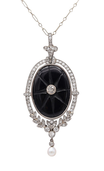 BELLE EPOQUE 1900 Edwardian Necklace In Platinum Diamonds, Onyx & Natural Pearl