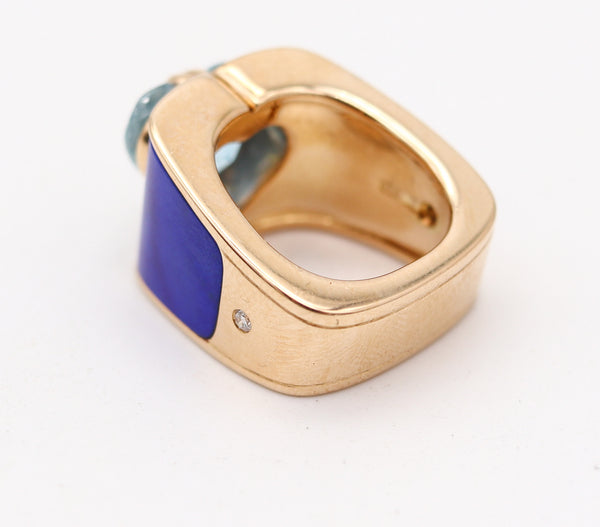 PAUL BINDER 1970 Swiss Cocktail Ring In 18Kt Yellow Gold With Lapis & Aquamarine