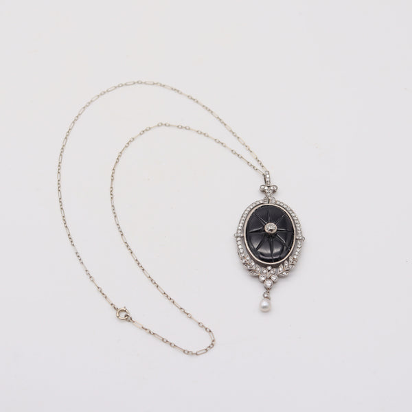 BELLE EPOQUE 1900 Edwardian Necklace In Platinum Diamonds, Onyx & Natural Pearl