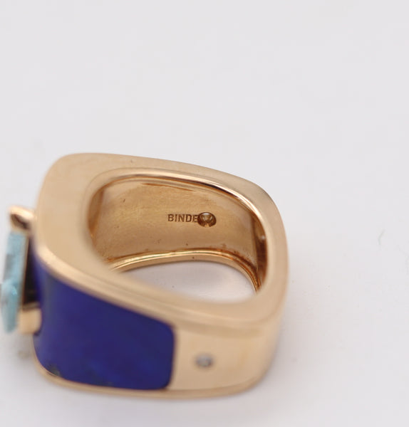 PAUL BINDER 1970 Swiss Cocktail Ring In 18Kt Yellow Gold With Lapis & Aquamarine