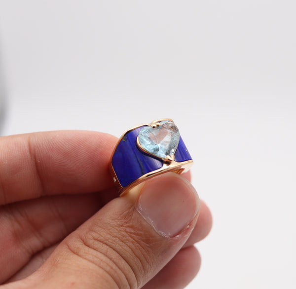 PAUL BINDER 1970 Swiss Cocktail Ring In 18Kt Yellow Gold With Lapis & Aquamarine