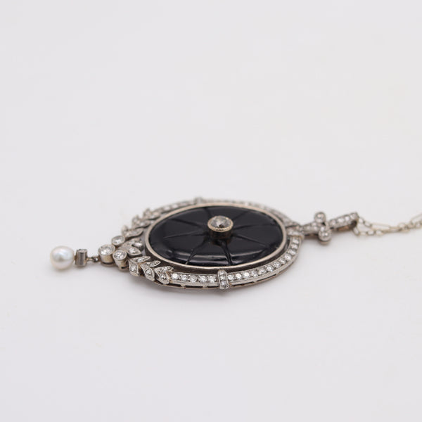 BELLE EPOQUE 1900 Edwardian Necklace In Platinum Diamonds, Onyx & Natural Pearl