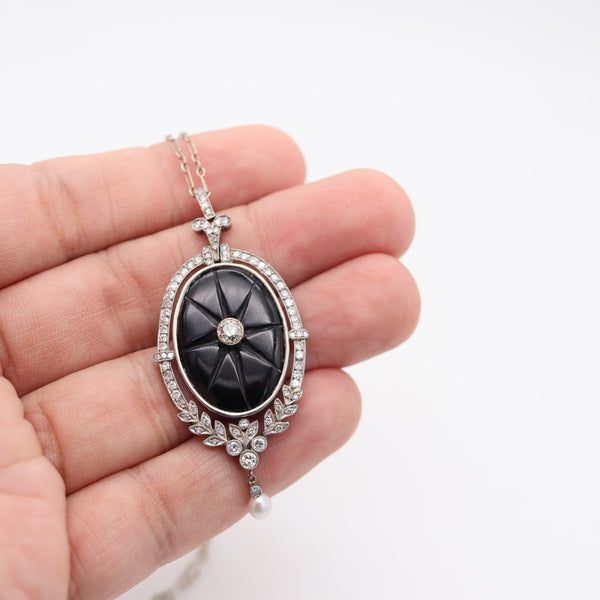 BELLE EPOQUE 1900 Edwardian Necklace In Platinum Diamonds, Onyx & Natural Pearl