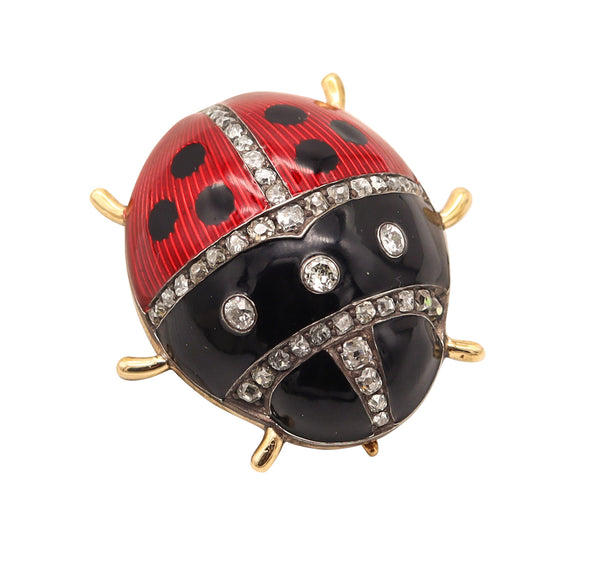 ANNA RINGE For FABERGE 1908 Large Enameled Ladybug Brooch 14Kt Gold & Diamonds