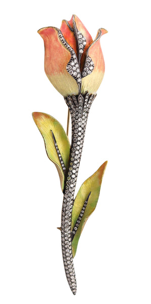 ART NOUVEAU Enameled Tulip Flower Brooch In 18Kt Gold With Diamonds