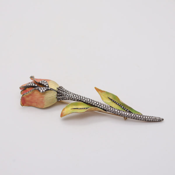 ART NOUVEAU Enameled Tulip Flower Brooch In 18Kt Gold With Diamonds