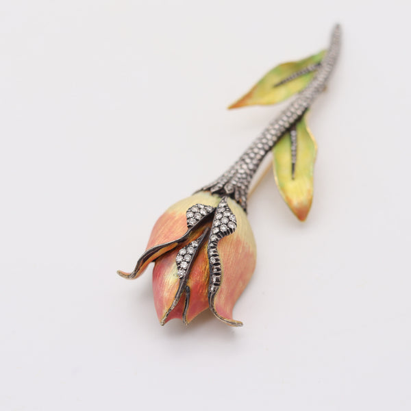 ART NOUVEAU Enameled Tulip Flower Brooch In 18Kt Gold With Diamonds