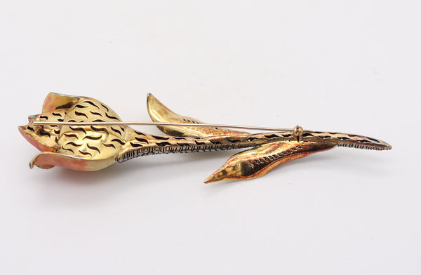 ART NOUVEAU Enameled Tulip Flower Brooch In 18Kt Gold With Diamonds