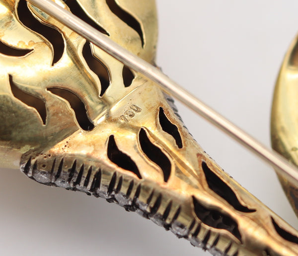 ART NOUVEAU Enameled Tulip Flower Brooch In 18Kt Gold With Diamonds