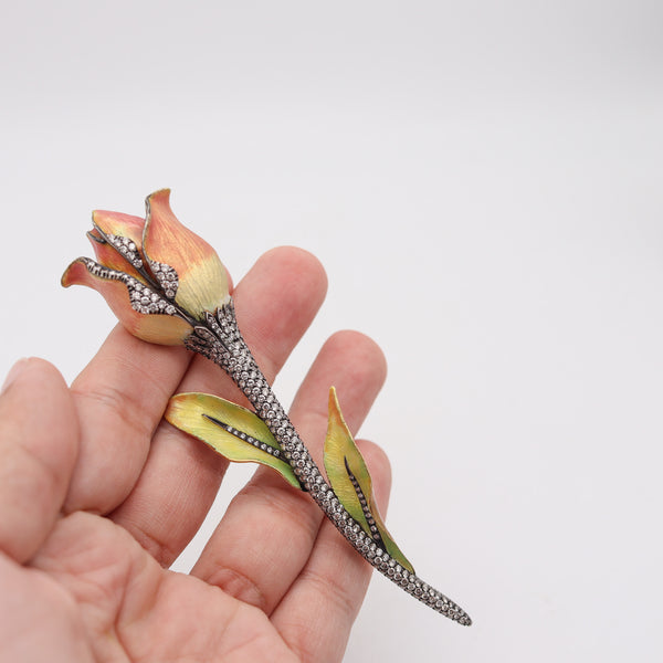 ART NOUVEAU Enameled Tulip Flower Brooch In 18Kt Gold With Diamonds