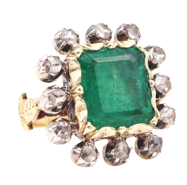 SPANISH COLONIAL 1790 Iberian Antique Ring In 18Kt Gold With Emerald & Diamonds