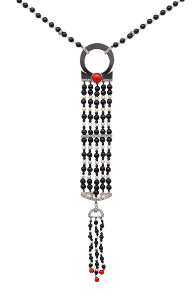 ART DECO 1925 Long Sautoir In Platinum With Diamonds Pearls Coral & Onyx