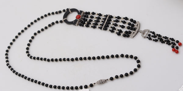 ART DECO 1925 Long Sautoir In Platinum With Diamonds Pearls Coral & Onyx