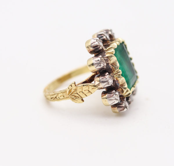 SPANISH COLONIAL 1790 Iberian Antique Ring In 18Kt Gold With Emerald & Diamonds