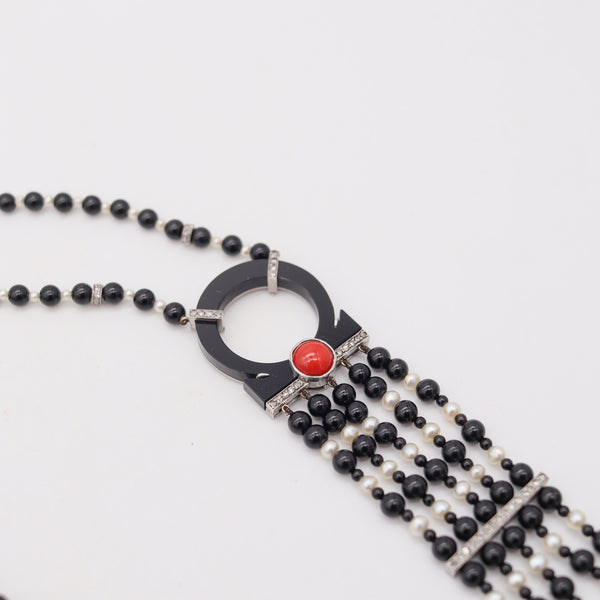 ART DECO 1925 Long Sautoir In Platinum With Diamonds Pearls Coral & Onyx