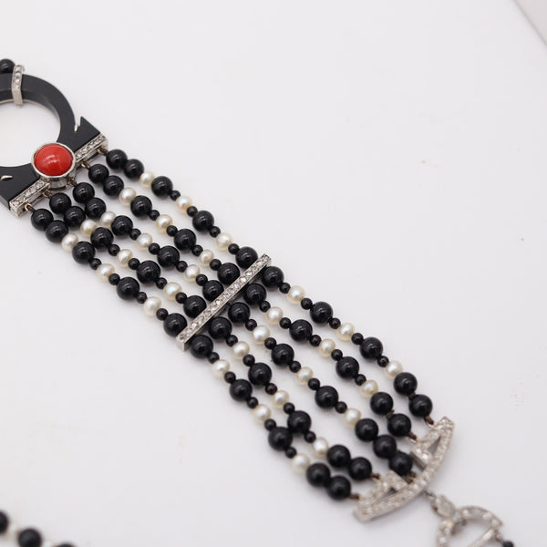 ART DECO 1925 Long Sautoir In Platinum With Diamonds Pearls Coral & Onyx