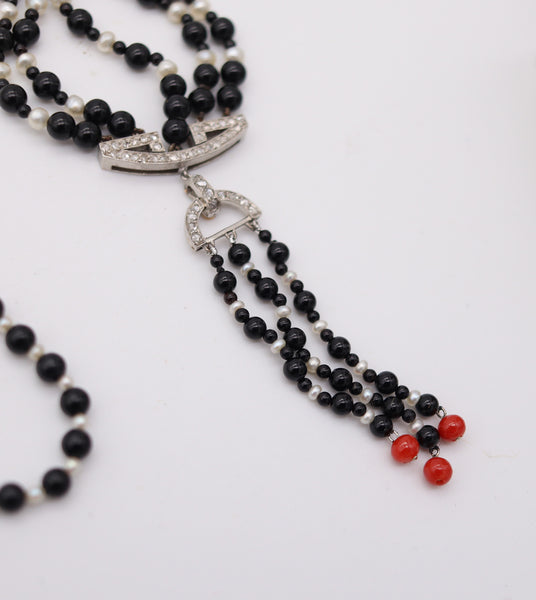 ART DECO 1925 Long Sautoir In Platinum With Diamonds Pearls Coral & Onyx