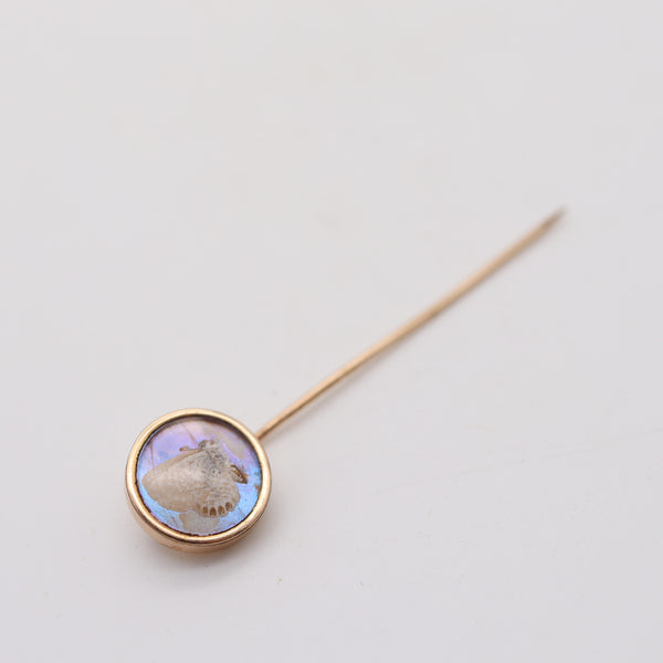 ART NOUVEAU 1900 Stick Pin With Opalescent Butterfly Fossil In 14Kt Yellow Gold