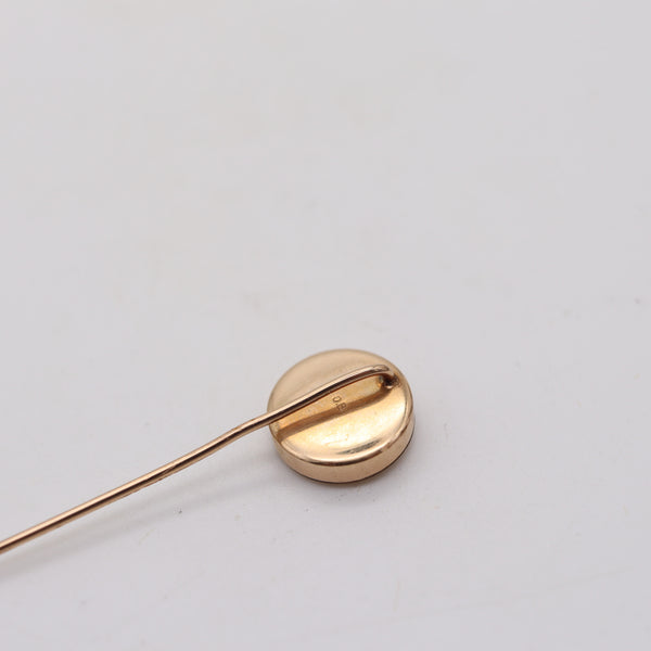 ART NOUVEAU 1900 Stick Pin With Opalescent Butterfly Fossil In 14Kt Yellow Gold