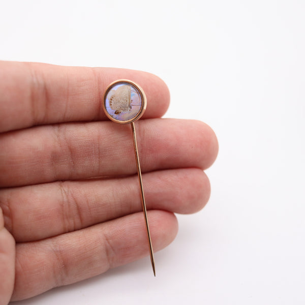 ART NOUVEAU 1900 Stick Pin With Opalescent Butterfly Fossil In 14Kt Yellow Gold