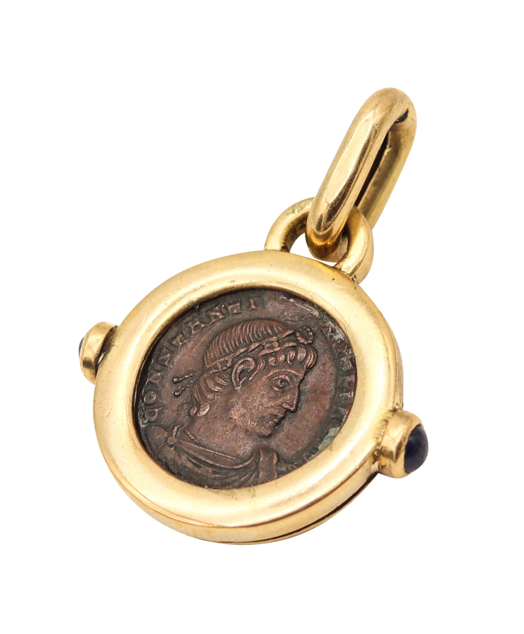 ROMAN IMPERIAL 307 AD Constantine Antique Coin Pendant In 18Kt Gold & Sapphires