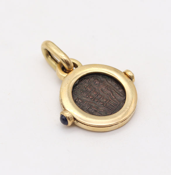 ROMAN IMPERIAL 307 AD Constantine Antique Coin Pendant In 18Kt Gold & Sapphires