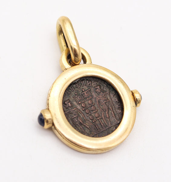 ROMAN IMPERIAL 307 AD Constantine Antique Coin Pendant In 18Kt Gold & Sapphires