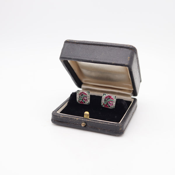 MARCUS & CO. 1920 Art-Deco Cufflinks In 18Kt Gold With Calibre Cut Gemstones