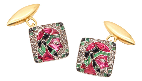 MARCUS & CO. 1920 Art-Deco Cufflinks In 18Kt Gold With Calibre Cut Gemstones