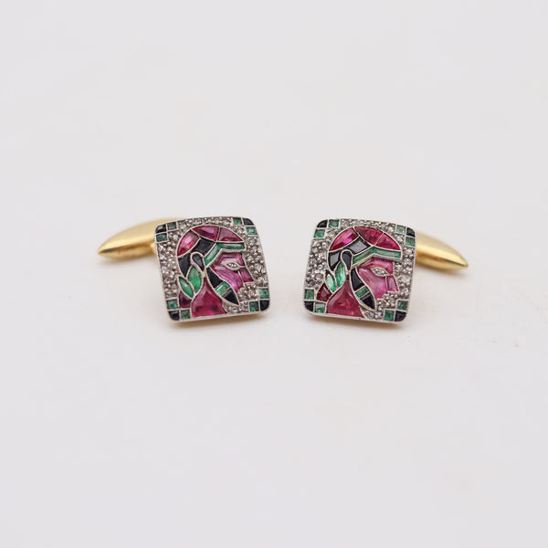 MARCUS & CO. 1920 Art-Deco Cufflinks In 18Kt Gold With Calibre Cut Gemstones
