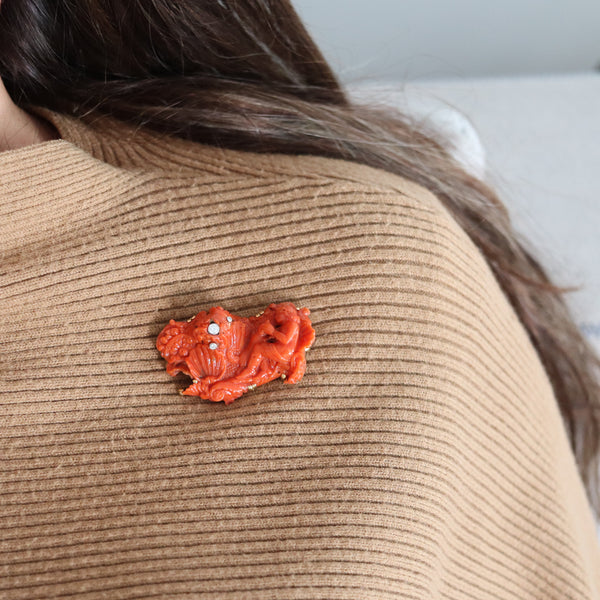 -Italian Antique 18th Century Mythological Carved Coral In 18Kt Gold With Diamonds