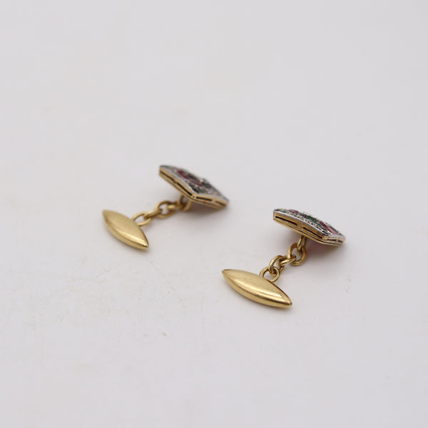 MARCUS & CO. 1920 Art-Deco Cufflinks In 18Kt Gold With Calibre Cut Gemstones