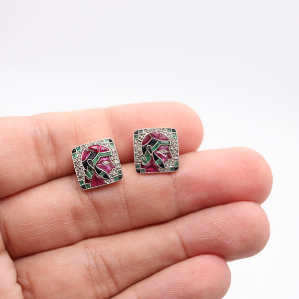 MARCUS & CO. 1920 Art-Deco Cufflinks In 18Kt Gold With Calibre Cut Gemstones
