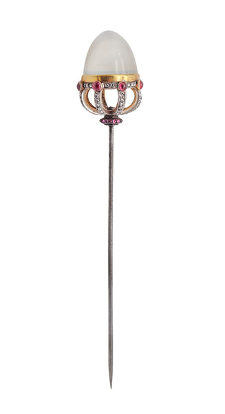 EDWARDIAN 1900 Stick Pin In 18Kt Gold Platinum Diamonds Rubies & Moonstone