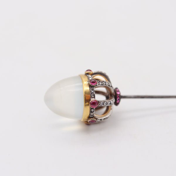 EDWARDIAN 1900 Stick Pin In 18Kt Gold Platinum Diamonds Rubies & Moonstone