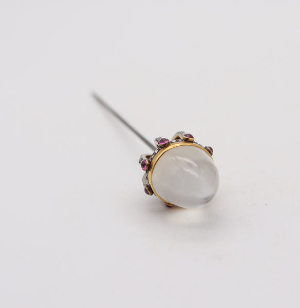 EDWARDIAN 1900 Stick Pin In 18Kt Gold Platinum Diamonds Rubies & Moonstone