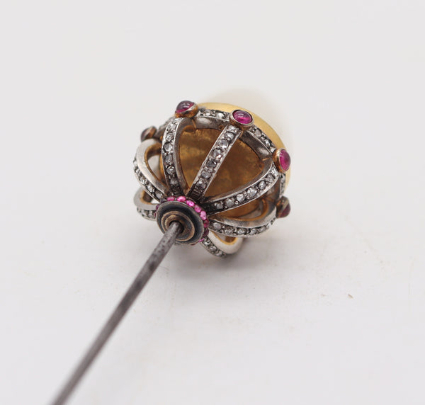 EDWARDIAN 1900 Stick Pin In 18Kt Gold Platinum Diamonds Rubies & Moonstone